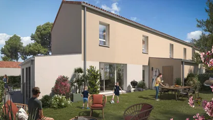 Programme neuf Les Allées Marines à Préfailles : maisons T3 et T4 beiges, jardinets fleuris