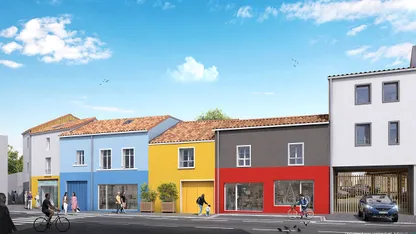 Vue extérieure de l’Îlot Sémard, habitat participatif en ossature bois à Rezé Pont Rousseau