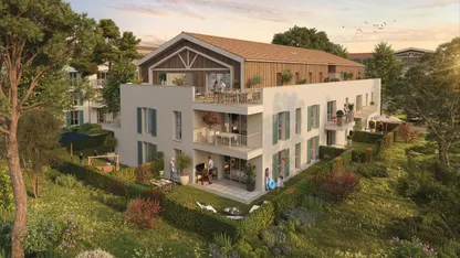 Programme immobilier neuf Aigues Marines à Pornic : résidence blanche à balcons, toit bois