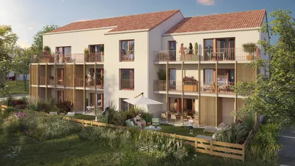 Programme immobilier neuf Vert Emeraude à Pornic : petites résidences aux toits de tuiles et prairie