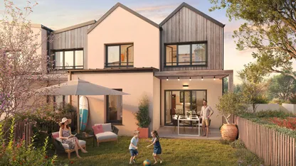 Programme neuf Kerwood à Pornichet : maisons T4 blanches à bardage bois avec jardins fleuris