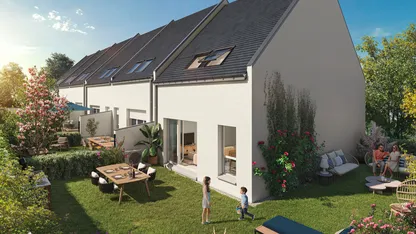 Programme neuf Oyat à La Turballe : maisons T4 blanches aux toits d’ardoise, allée piétonne arborée