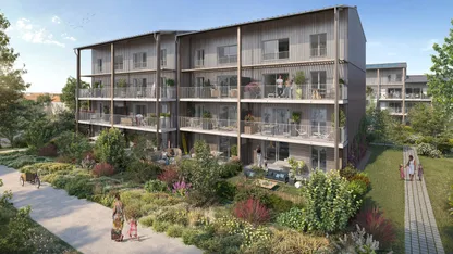 Programme immobilier neuf L’Azuré à Aytré, près de La Rochelle : résidence bois à coursives, jardin